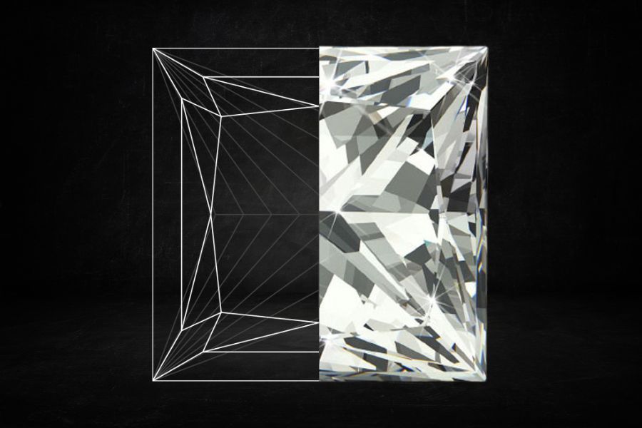 A half and half picture of a princess cut diamond showing a diagram and picture of a stone on a black background