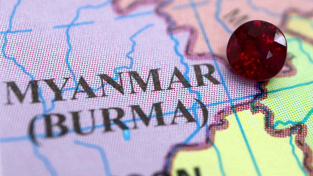 A Round Ruby on a map showing Myanmar (Burma)